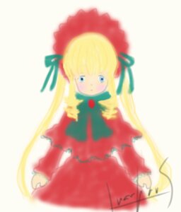 Rating: Safe Score: 0 Tags: 1girl blonde_hair blue_eyes blurry blush bow bowtie capelet depth_of_field dress green_bow image long_hair long_sleeves looking_at_viewer red_dress shinku simple_background solo standing twintails very_long_hair white_background User: admin