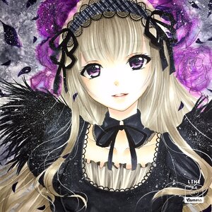 Rating: Safe Score: 0 Tags: 1girl blonde_hair choker flower gothic_lolita hairband image long_hair looking_at_viewer purple_eyes purple_flower purple_rose ribbon rose smile solo suigintou traditional_media User: admin