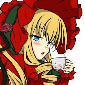 Rating: Safe Score: 0 Tags: 1girl blonde_hair blue_eyes blush bonnet bow cup drill_hair flower hat holding_cup image long_hair long_sleeves looking_at_viewer open_mouth rose shinku simple_background solo teacup upper_body User: admin