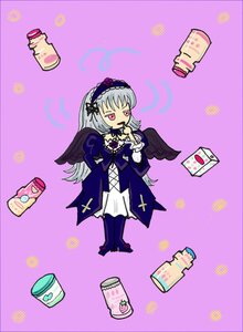 Rating: Safe Score: 0 Tags: 1girl black_wings bottle dress flower frills hairband image long_hair long_sleeves open_mouth pink_eyes purple_background silver_hair solo suigintou wings User: admin
