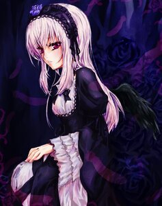 Rating: Safe Score: 0 Tags: 1girl black_dress black_wings commentary_request dress feathers flower frills hairband highres image juliet_sleeves long_hair long_sleeves looking_at_viewer pink_eyes pokomi puffy_sleeves purple_rose red_eyes rose rozen_maiden silver_hair solo suigintou wide_sleeves wings User: admin