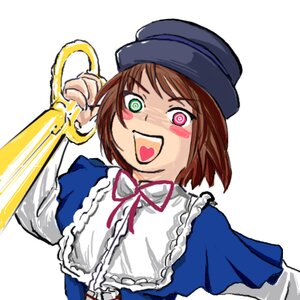 Rating: Safe Score: 0 Tags: 1girl @_@ beret blue_dress blush blush_stickers brown_hair capelet crazy_eyes dress drooling green_eyes hat heart heart-shaped_pupils image long_sleeves short_hair simple_background solo souseiseki symbol-shaped_pupils upper_body weapon User: admin