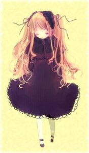 Rating: Safe Score: 0 Tags: 1girl black_dress black_footwear black_ribbon blonde_hair closed_eyes dress frills full_body hairband image long_hair long_sleeves pantyhose ribbon shinku shoes solo standing very_long_hair yellow_background User: admin