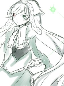 Rating: Safe Score: 0 Tags: 1girl bangs closed_mouth dress eyebrows_visible_through_hair frills green_eyes image long_hair long_sleeves looking_at_viewer monochrome puffy_sleeves ribbon short_sleeves simple_background solo suiseiseki very_long_hair white_background User: admin