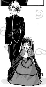 Rating: Safe Score: 0 Tags: 1boy 1girl :o apron blush dress glasses greyscale image long_hair long_sleeves monochrome solo standing suiseiseki very_long_hair User: admin