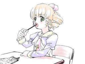 Rating: Safe Score: 0 Tags: 1girl blonde_hair blush bow drill_hair eating food green_eyes hinaichigo image long_sleeves open_mouth simple_background solo striped User: admin