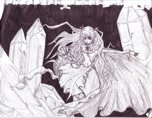 Rating: Safe Score: 0 Tags: 1girl barasuishou dress frills greyscale image long_hair looking_at_viewer monochrome solo traditional_media very_long_hair User: admin