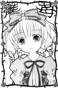 Rating: Safe Score: 0 Tags: 1girl blush bow dress eyebrows_visible_through_hair flower frills greyscale hair_ribbon hinaichigo image looking_at_viewer monochrome ribbon rose simple_background solo upper_body white_background User: admin