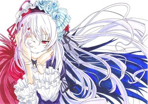 Rating: Safe Score: 0 Tags: 1girl dress floating_hair flower frilled_sleeves frills hairband hands_on_own_face image long_hair long_sleeves red_eyes rose silver_hair smile solo suigintou very_long_hair wings User: admin