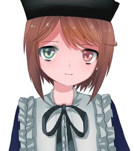 Rating: Safe Score: 0 Tags: 1girl apron bangs black_headwear black_ribbon blush brown_hair closed_mouth eyebrows_visible_through_hair frills green_eyes hat heterochromia image looking_at_viewer neck_ribbon ribbon short_hair simple_background smile solo souseiseki striped swept_bangs upper_body white_background User: admin