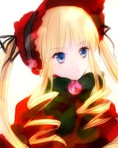 Rating: Safe Score: 0 Tags: 1girl blonde_hair blue_eyes bonnet bow dress flower image long_hair looking_at_viewer pink_rose rose shinku solo twintails User: admin