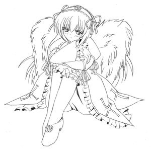 Rating: Safe Score: 0 Tags: 1girl blush dress feathered_wings frills full_body greyscale hairband image lolita_hairband long_hair long_sleeves looking_at_viewer monochrome ribbon rose simple_background sitting solo suigintou very_long_hair wings User: admin