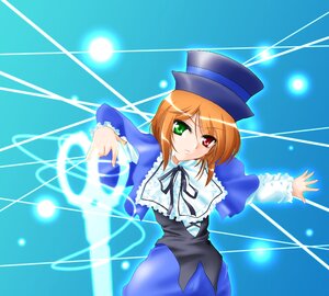 Rating: Safe Score: 0 Tags: 1girl blue_dress brown_hair collar dress frills green_eyes hat heterochromia image lens_flare long_sleeves looking_at_viewer magic red_eyes solo souseiseki top_hat User: admin
