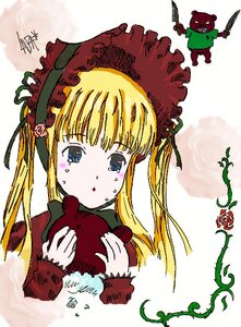 Rating: Safe Score: 0 Tags: 1girl blonde_hair blue_eyes blush bonnet doll dress flower hat holding image long_hair long_sleeves red_dress red_flower rose shinku simple_background solo twintails User: admin