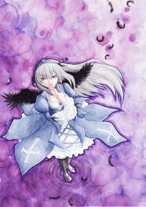 Rating: Safe Score: 0 Tags: 1girl breasts dress feathers finger_to_mouth flower frills hairband high_heels image long_hair long_sleeves ribbon rose silver_hair solo suigintou wings User: admin