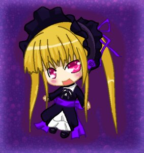 Rating: Safe Score: 0 Tags: 1girl blonde_hair chibi dress full_body image long_hair long_sleeves open_mouth purple_background ribbon shinku solo twintails very_long_hair User: admin