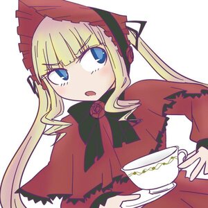 Rating: Safe Score: 0 Tags: 1girl blonde_hair blue_eyes blush bonnet bow bowtie cup dress flower food image long_hair long_sleeves looking_at_viewer open_mouth rose saucer shinku simple_background solo teacup twintails upper_body white_background User: admin