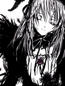 Rating: Safe Score: 0 Tags: 1girl bare_shoulders blush closed_mouth greyscale image long_hair looking_at_viewer monochrome simple_background solo suigintou upper_body User: admin