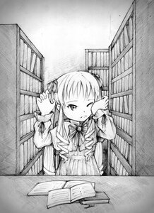 Rating: Safe Score: 0 Tags: 1girl auto_tagged book greyscale image library long_hair long_sleeves monochrome one_eye_closed ribbon shinku solo traditional_media twintails User: admin