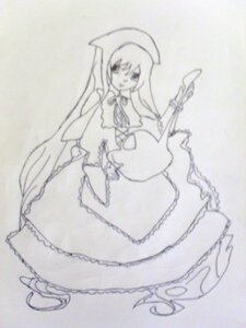 Rating: Safe Score: 0 Tags: 1girl dress frills full_body hat image long_hair long_sleeves looking_at_viewer monochrome photo shoes simple_background solo suiseiseki very_long_hair User: admin