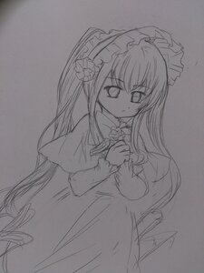 Rating: Safe Score: 0 Tags: 1girl capelet closed_mouth dress flower hairband image long_hair long_sleeves looking_at_viewer monochrome shinku simple_background solo traditional_media very_long_hair User: admin