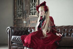 Rating: Safe Score: 0 Tags: 1girl blonde_hair blue_eyes dress flower frills gothic_lolita indoors lips lolita_fashion long_hair long_sleeves red_dress rose shinku sitting solo User: admin