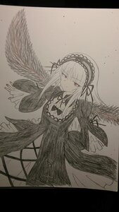 Rating: Safe Score: 0 Tags: 1girl closed_mouth dress eyebrows_visible_through_hair feathers frills hairband image letterboxed long_hair long_sleeves looking_at_viewer monochrome red_eyes ribbon solo suigintou traditional_media very_long_hair wings User: admin