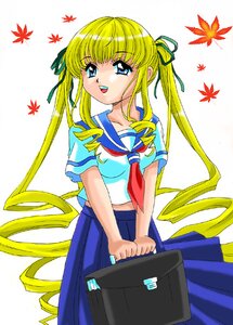 Rating: Safe Score: 0 Tags: 1girl anger_vein autumn autumn_leaves bag blonde_hair blue_eyes blue_skirt drill_hair falling_leaves hair_ribbon image leaf long_hair looking_at_viewer maple_leaf pleated_skirt school_uniform shinku simple_background skirt solo twin_drills twintails very_long_hair User: admin