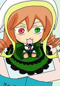 Rating: Safe Score: 0 Tags: 1girl :3 blush_stickers chibi dress drill_hair food_on_face green_dress green_eyes head_scarf heterochromia image long_hair long_sleeves red_eyes solo suiseiseki tongue User: admin