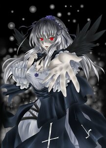 Rating: Safe Score: 0 Tags: 1girl black_wings breasts cleavage dress flower frills hairband image long_hair long_sleeves looking_at_viewer outstretched_arm outstretched_hand red_eyes rose silver_hair solo suigintou wings User: admin