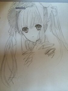 Rating: Safe Score: 0 Tags: 1girl auto_tagged closed_mouth eyebrows_visible_through_hair graphite_(medium) hair_ribbon image long_hair looking_at_viewer monochrome photo ribbon shinku simple_background sketch solo traditional_media twintails User: admin
