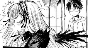 Rating: Safe Score: 0 Tags: 1boy 1girl dress feathered_wings glasses greyscale hairband image long_hair long_sleeves monochrome ribbon solo suigintou surprised trembling wings User: admin