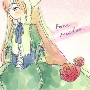 Rating: Safe Score: 0 Tags: 1girl blonde_hair dress flower frills green_dress hat image long_hair long_sleeves puffy_sleeves red_flower red_rose ribbon rose simple_background solo suiseiseki User: admin