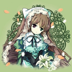 Rating: Safe Score: 0 Tags: 1girl bondson brown_hair commentary_request dress flower frills green_background green_dress green_eyes heterochromia image long_hair long_sleeves looking_at_viewer no_nose patterned petals ribbon rozen_maiden solo suiseiseki upper_body very_long_hair User: admin