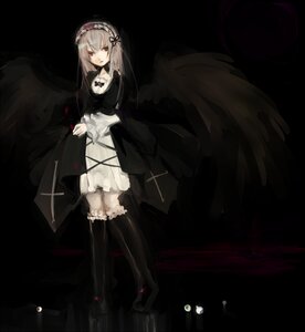 Rating: Safe Score: 0 Tags: 1girl bad_id bad_pixiv_id bangs black_footwear black_wings boots closed_mouth dark dress feathered_wings flower frills hairband hanada_hyou image long_hair long_sleeves looking_at_viewer purple_eyes red_eyes ribbon rose rozen_maiden silver_hair solo standing suigintou very_long_hair wings User: admin