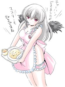 Rating: Safe Score: 3 Tags: 1girl apron bare_shoulders blush breasts cleavage food frills image large_breasts long_hair naked_apron plate rozen_maiden solo striped suigintou translated tray User: admin