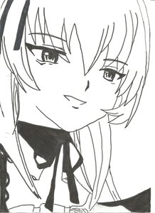 Rating: Safe Score: 0 Tags: 1girl blush closed_mouth eyebrows_visible_through_hair greyscale hair_between_eyes image monochrome simple_background smile solo suigintou white_background User: admin