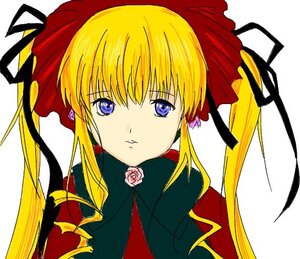 Rating: Safe Score: 0 Tags: 1girl bangs blonde_hair blue_eyes bow flower hair_ribbon image long_hair looking_at_viewer pink_rose portrait ribbon rose shinku sidelocks simple_background solo twintails upper_body white_background User: admin