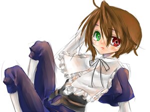 Rating: Safe Score: 0 Tags: 1girl blush brown_hair dress frills green_eyes heterochromia image long_sleeves looking_at_viewer red_eyes short_hair simple_background solo souseiseki white_background User: admin