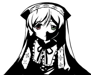 Rating: Safe Score: 0 Tags: 1girl dress frills green_eyes hairband heterochromia image long_hair long_sleeves looking_at_viewer monochrome ribbon simple_background solo suigintou suiseiseki upper_body white_background User: admin