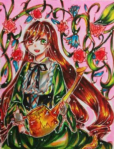 Rating: Safe Score: 0 Tags: 1girl brown_hair butterfly colored_pencil_(medium) dress flower green_dress green_eyes heterochromia image insect long_hair long_sleeves open_mouth plant red_eyes red_flower red_rose rose smile solo suiseiseki traditional_media very_long_hair watercolor_(medium) User: admin