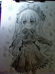 Rating: Safe Score: 0 Tags: 1girl bowtie dress image long_hair long_sleeves looking_at_viewer monochrome petals ribbon shinku solo traditional_media User: admin