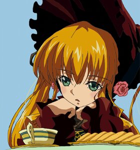 Rating: Safe Score: 0 Tags: 1girl bangs blonde_hair blue_background flower food green_eyes image long_hair looking_at_viewer rose shinku solo User: admin