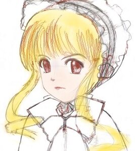 Rating: Safe Score: 0 Tags: 1girl blonde_hair bonnet drill_hair frills image long_sleeves red_eyes shinku simple_background solo upper_body white_background User: admin