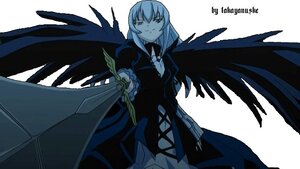 Rating: Safe Score: 0 Tags: 1girl black_wings closed_mouth dress flower holding image long_hair long_sleeves multiple_wings rose simple_background solo suigintou white_background wings User: admin