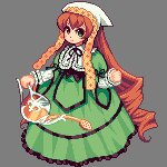 Rating: Safe Score: 0 Tags: 1girl brown_hair checkered_background dress fence frills green_dress green_eyes head_scarf heterochromia image long_hair long_sleeves pixel_art plaid_background red_eyes solo standing suiseiseki very_long_hair watering_can User: admin
