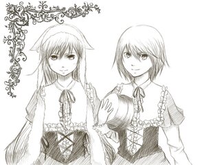 Rating: Safe Score: 0 Tags: 2girls frills greyscale hat image long_sleeves looking_at_viewer monochrome multiple_girls neck_ribbon pair ribbon short_hair siblings simple_background sisters smile souseiseki suiseiseki twins upper_body User: admin