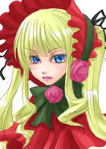 Rating: Safe Score: 0 Tags: 1girl bangs blonde_hair blue_eyes bonnet bow bowtie dress flower green_bow image lips long_hair looking_at_viewer rose shinku simple_background solo upper_body white_background User: admin