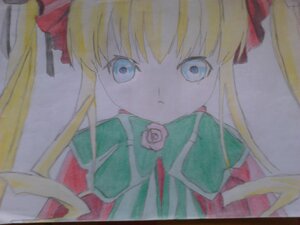 Rating: Safe Score: 0 Tags: 1girl blonde_hair blue_eyes bow film_grain flower image long_hair looking_at_viewer marker_(medium) photo pink_rose rose shikishi shinku solo traditional_media twintails upper_body User: admin