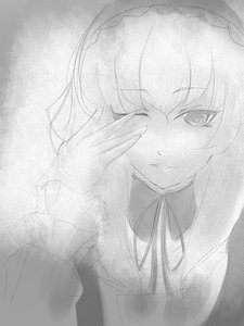 Rating: Safe Score: 0 Tags: 1girl alice_margatroid closed_mouth greyscale image looking_at_viewer monochrome one_eye_closed short_hair smile solo suigintou upper_body User: admin